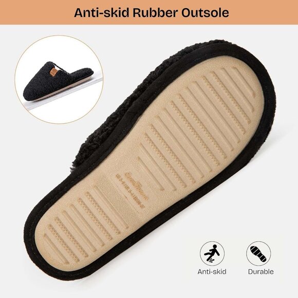 Women's Carbon Black Fuzzy Slip-on Slippers Warm Cozy Soft Lightweight Foam - Picture 5 of 9